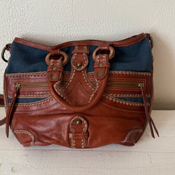 Isabella Fiore Boho Leather Canvas Satchel Brown Blue Whipstitch Crossbody - Picture 11 of 15